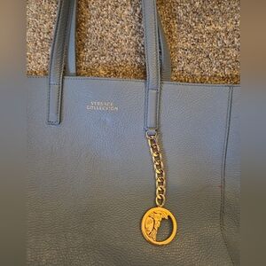 Versace Blue Leather Tote with Gold Accents